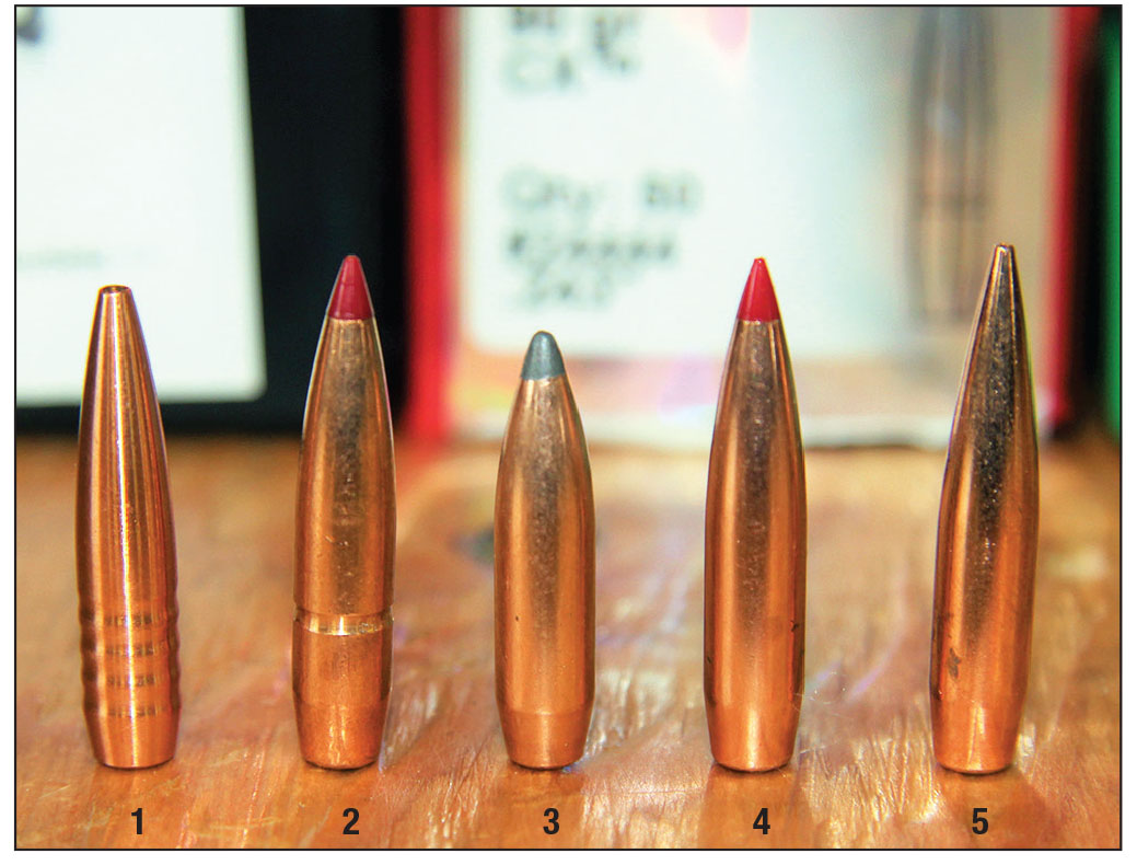 Handloads were assembled: (1) Hammer Bullets’ 88-grain Hammer Hunter, (2) Hornady’s 90-grain CX, (3) Sierra’s 100-grain SBT, (4) Hornady’s 103-grain ELD-X and (5) Berger’s 108-grain Elite Hunter.